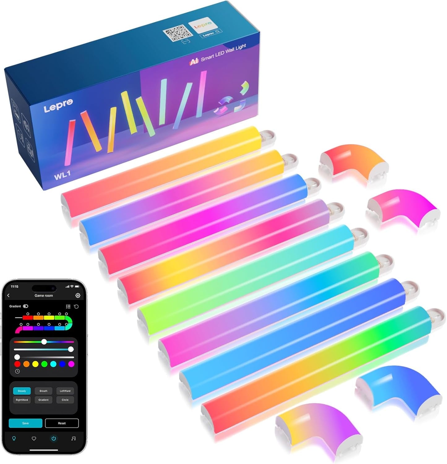 Lepro WL1 AI Glide RGBIC smart wall light displaying multicolor segmented lighting, compatible with Alexa and Google Assistant.