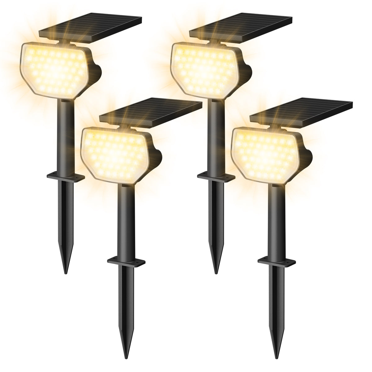 Lepro outdoor solar spotlight with 43 LEDs, warm white 3000K, waterproof IP65, dusk-to-dawn auto on/off, garden lighting.