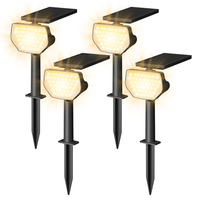 Lepro outdoor solar spotlight with 43 LEDs, warm white 3000K, waterproof IP65, dusk-to-dawn auto on/off, garden lighting.
